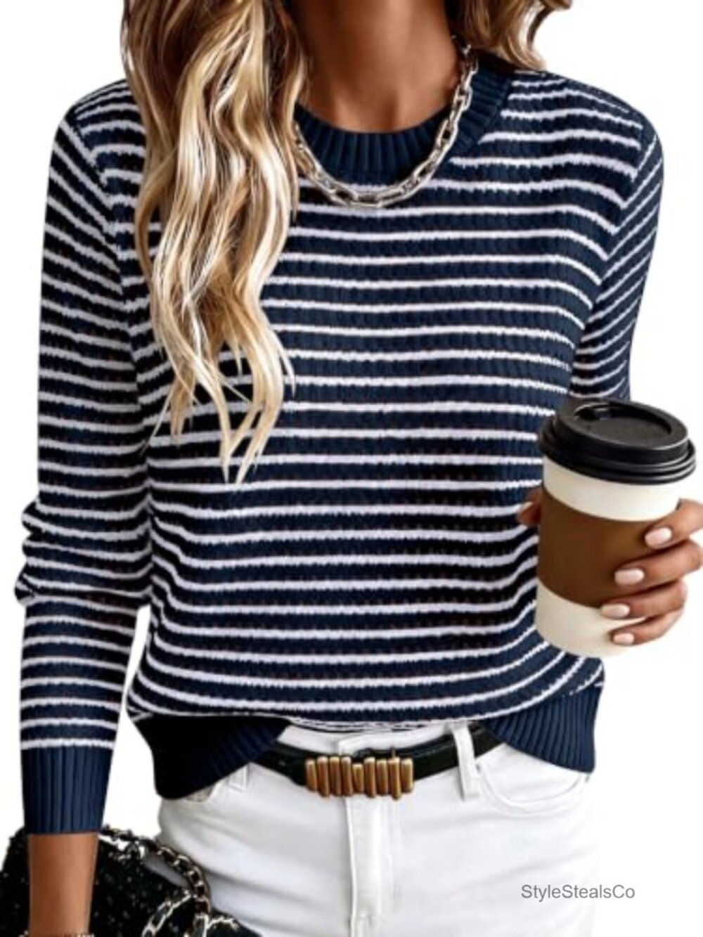 Womens Long Sleeve Striped Crochet Knit Pullover Sweater Crew Neck